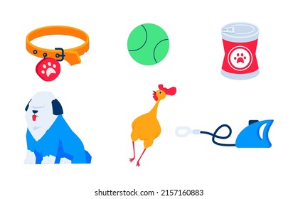 Pet care and nutrition - flat design style icons set. High quality colorful images of furry dog, collar with dog tag, paw print, toy ball and chicken squeaker, tin can and leash. Canine and animal