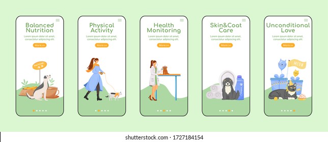 Pet care onboarding mobile app screen flat vector template. Pet owner walk dog. Healthcare service. Walkthrough website steps with characters. UX, UI, GUI smartphone cartoon interface, case prints set