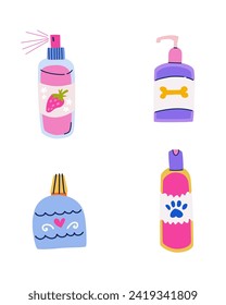 Conjunto vectorial de productos de cuidado de mascotas. champú, acondicionador, exfoliación y pulverización de colonia. Cosméticos para mascotas en un estilo colorido y de moda. Suministros de lavado de perro aislados en fondo blanco