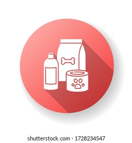 Pet care red flat design long shadow glyph icon. Food for dogs in bag package. Canned goods for cats. Petshop products for kittens and puppies. Vet items. Silhouette RGB color illustration
