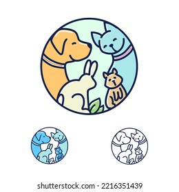 Pet care round logo with cartoon dog, cat, rabbit, hamster, line art vector illustration with color variations