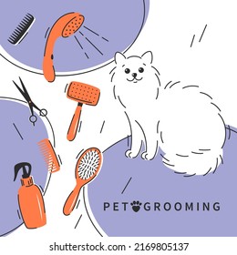 Pet care salon. Pet grooming. Cartoon cat character with different tools for animal hair grooming, haircuts, bathing, hygiene. Pet care salon concept.