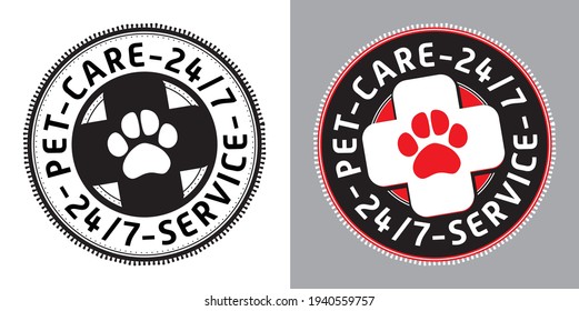 Pet care service 24-7 icon. Simple round animal themed service badge or stamp wit health care cross and paw print. Concept for around the clock animal service in clinics, hospitals and veterinaries.