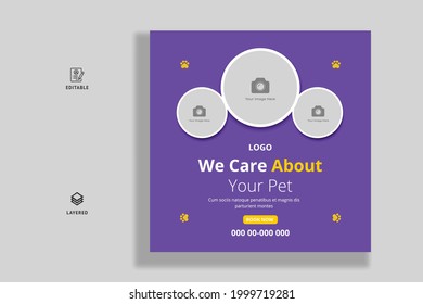 Pet care service promotional banner. Pet shop bundle stories, pet your grooming wellness, square flyer design template