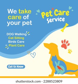 Pet Care Service Social Media Post Templates, Pets service, Promotional banner ads design Vector, Dog, Cat, Rabbit, Bird Care 