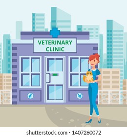 Pet Care Service in Townscape Flat Illustration. Veterinary Clinic Building. Pet Lover and Fluffy Dog Cartoon Character. Human and Animal Relationship. Animal Hospital Drawing Vector