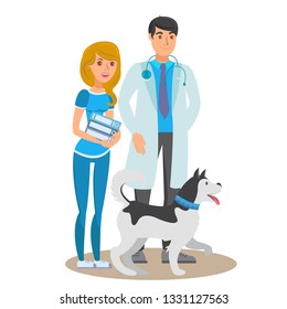 Pet Care Service Vector Color Illustration. Vet Doctor with Stethoscope, Nurse with Documents, Husky Cartoon Character. Veterinary Clinic Staff. Animal Hospital Presentation. Isolated Design Element