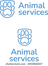 Pet care services blue line business logo. Brand name. Professional expertise value. Paw print and shield simple icon. Design element. Visual identity. Nunito font used. Suitable for website