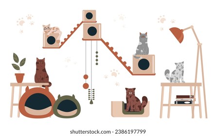 Servicios de cuidado de mascotas. Gatos sentados en un poste arañoso y almohadas cómodas. Gatitos con juguetes en las cuerdas. Afiche o pancarta. Colección vectorial plana de dibujos animados aislada en fondo blanco