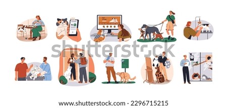 Pet care and services set. Owners, sitters and dog-friendly cafe, online shop, veterinarian, canine grooming, cat hotel, clean up after pooping. Flat vector illustrations isolated on white background
