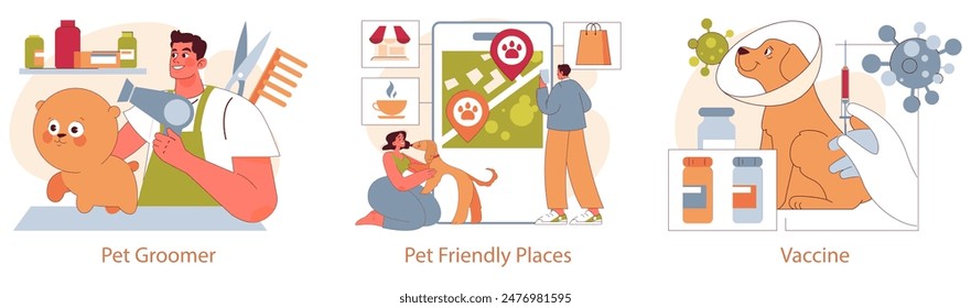 Pet Care set. Groomer styling a happy dog, woman lovingly hugging her pet, vaccination concept with a pet being immunized. Vector illustration.