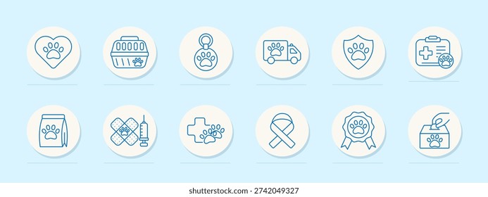 Pet care set icon. Line assortment with heart, animal carrier, tag medal, delivery van paw, shield paw, medical kit, food bag, syringe bandage, cross paw, awareness ribbon