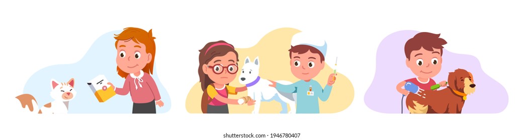 Pet Care Set. Owners People Kids Feeding Cat, Combing Dog, Veterinary Child Treating Animal In Veterinarian Clinic. Domestic Pets Health Care, Nutrition, Grooming. Flat Vector Isolated Illustration