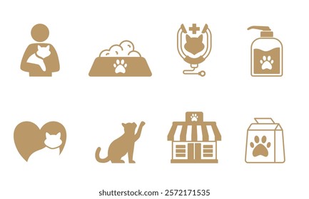 Pet care set store shop cat animal adoption care food nutrition veterinarian soap shampoo bottle packaging paw logo symbol design icon set collection