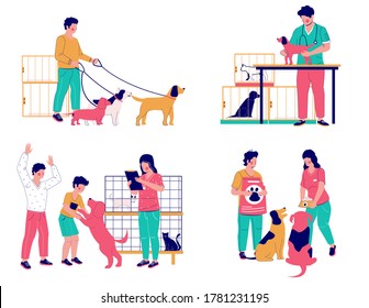 Pet care set, vector flat isolated illustration. Animal shelter, volunteering with cats and dogs, walking dogs, pet feeding, homeless and stray pets adoption, veterinary care.