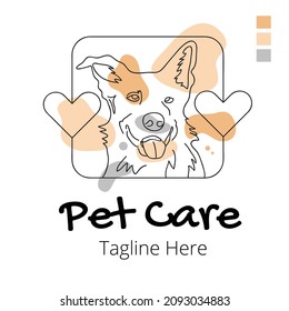 Pet care or shop abstract logo of cute dog line art vector illustration with dummy text on white background.