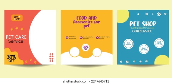 Pet care shop and food post template banner cover. Pet social media post Template or web banner template. Pet service promotional banner ads design