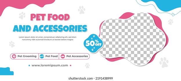 Pet care and shop horizontal banner design template. White background with colorful shape