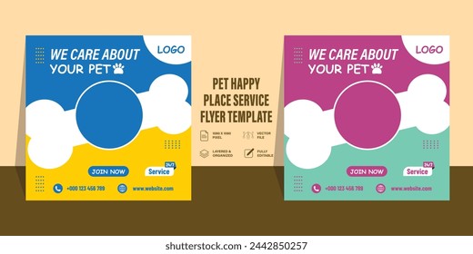 Pet care and shop square banner template design collection. Editable playful banner design with place for the photo. social media post, banner, and web ad. Pet shop and pet care social media post