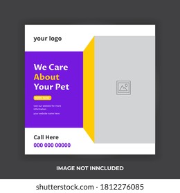 Pet care social media banner or web banner template. Pet care service promotional banner. Pet shop bundle stories, pet your grooming wellness, square flyer design template