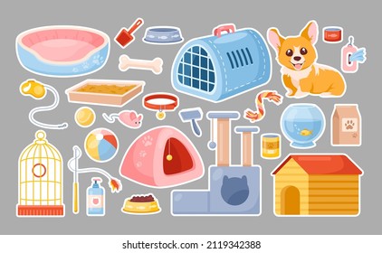 Pet care sticker. Vector animal accessories, toys, food, bowl, care items, supplies, snacks. Products for parrot, cat and dog in cartoon style. Domestic pet concept for vet store, shop, grooming