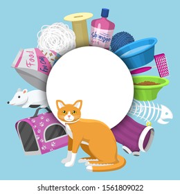 Pet care supplies vector illustration. Animal cares, food and toys for cat, toilet, carrier and equipment for grooming pets located around place for text.