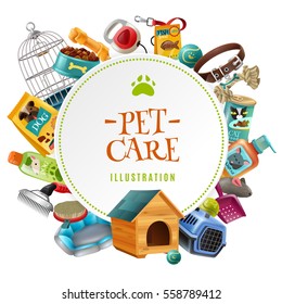 Pet care supply accessories and products decorative round frame composition with kennel doghouse and birdcage vector illustration 
