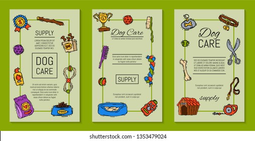 Pet care supply funny colorful card petsshop advertising bookmark with dog kennel vector illustration. Animal accessory clinic canine carrier poster. Puppy protection tools.