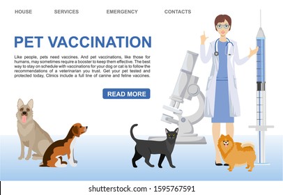 Pet care vector banner template. Pet vaccination landing page. Veterinarian dogs cat characters. Pet vaccination in a veterinary clinic.