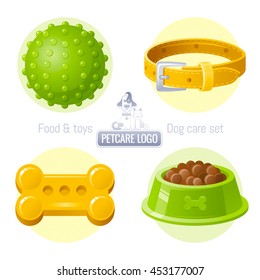 Pet Care Vector Icon Set On White Background Contains Toy, Collar, Food Illustrations. Logo Design Template With Abstract Cat And Dog Together For Pet Shop, Veterinary Clinic, Animal Care Concept

