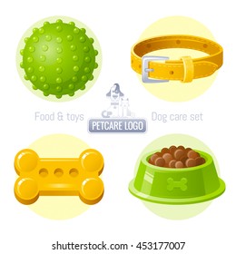 Pet care vector icon set on white background contains toy, collar, food illustrations. Logo design template with abstract cat and dog together for pet shop, veterinary clinic, animal care concept
