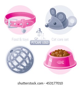 Pet care vector icon set on white background contains toy, collar, food illustrations. Logo design template with abstract cat and dog together for pet shop, veterinary clinic, animal care concept
