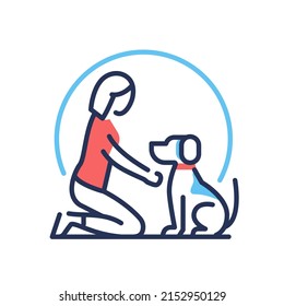 Pet care - vector line design single isolated icon on white background. High quality black pictogram with red and blue colors. Image of woman training a dog. Animal adoption, veterinary idea