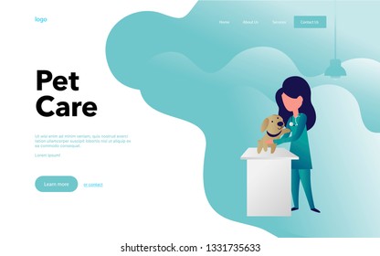 Pet care. Veterinarian with dog, on table in veterinary clinic.Trendy gradient flat vector illustration for web landing page, banner, presentation, social media.