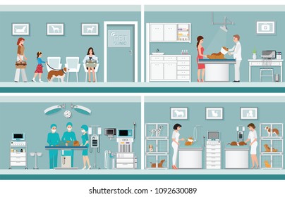 Pet care with veterinary in pet clinic, animal health care conceptual vector illustration.