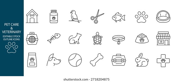Pet care and veterinary editable stroke outline icon set.