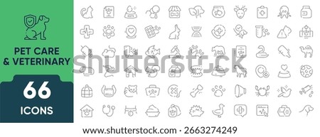 Pet care and veterinary icon set. Outline symbols representing animals, vet services, healthcare, grooming, and pet wellness. Linear icon collection. Editable stroke.
