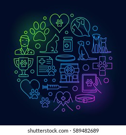 Pet Care veterinary illustration. Vector round colorful vet pet sign in thin line style on dark background