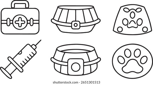 Pet Care And Veterinary Services Icon Set, Pet Carrier, Dog Collar, Vet Symbol, Syringe, Food Bowl, Paw Print, Editable Animal Care Theme
