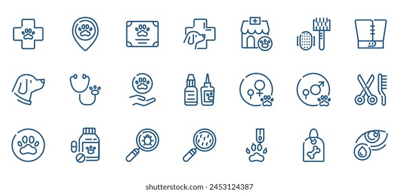 Pet Care and Veterinary Services Icons. Outline Vector Set for Vet Clinic, Animal Health, Dog Grooming and Emergency.