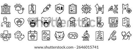 Pet Care and Veterinary Services Stroke Icon Set – Includes Grooming, Vaccination, Medical Checkups, and More.