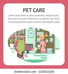 Pet Care Web Banner Vector Color Template. Pet Lover with Dog in Veterinary Clinic in Oval Frame with Copyspace. Bearded Man, Husky, Receptionist Cartoon Character. Animal Care Social Media Post