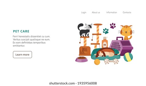 Pet Care Website Banner With Lovely Domestic Animals, Flat Vector Illustration.