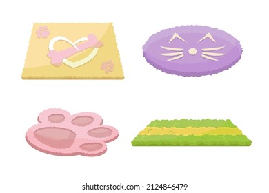 Pet carpets set isolated on white background. Vector cartoon collection of fluffy rugs for animals