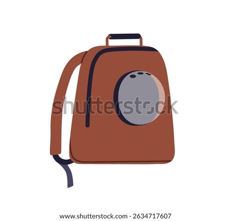 Pet carrier, backpack with bubble window. Portable accessory for cat carrying in travel. Feline animal bag with transparent plastic capsule. Flat vector illustration isolated on white background.