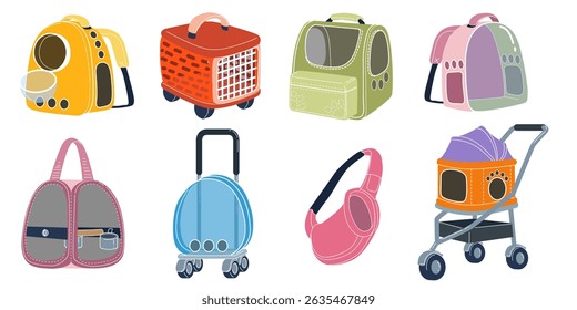 Pet carrier cage. Dog on holiday. Cute travel bag to carry cat. Cartoon animal box for vacation safety. Puppy care case. Isolated trolley for mammal. Doggy plastic transportation containers vector set