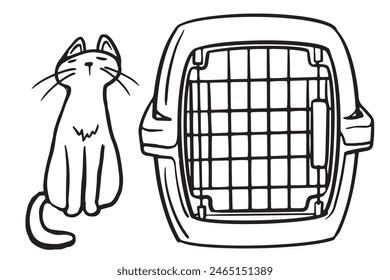 portador de mascotas con gato. Portador de mascotas con puerta metálica. Perro, gato transportador. Viaje con animales. esquema plano dibujado a mano Ilustración vectorial de boceto para póster, volante, vendedores, pegatinas, Web