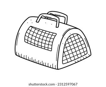 Pet carrier for cats, dogs. Soft bag with mesh and handles for carrying animals. Vector doodle illustration isolated on white.