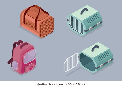 Pet carrier collection. Care, visit to the veterinary clinic, traveling with pets.  3d flat isometric vector illustration.