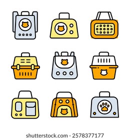 Pet Carrier Color Symbol Collection. Pet Accessories Icon for Dogs and Cats. Simple Icons for Pet Shops, Veterinary Care, and Animal Hygiene. Vector Icons for Website Design, Mobile app, ui.